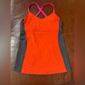 Oiselle Bright Orange Full Length Tank with Sports Bra Liner with Pink Straps